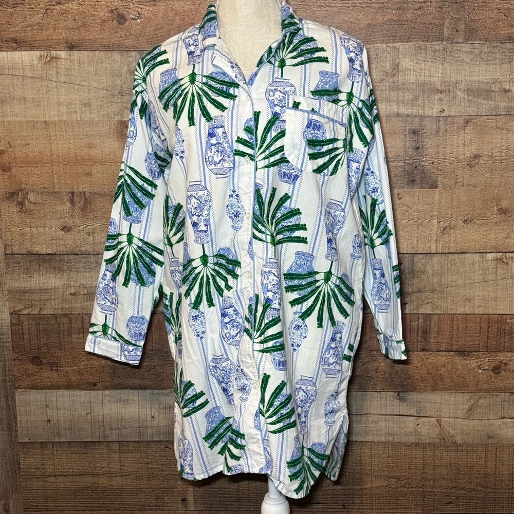 🌻 8 Oak Lane Ginger Jar Palm Button Down Sleep Shirt size XS/S Green & Blue - Picture 2 of 11